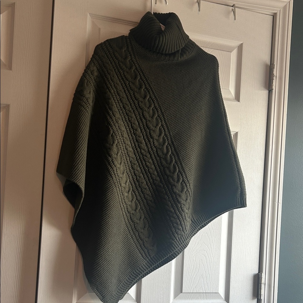 Women's Olive Green Turtleneck Poncho Sweater - Picture 10 of 11